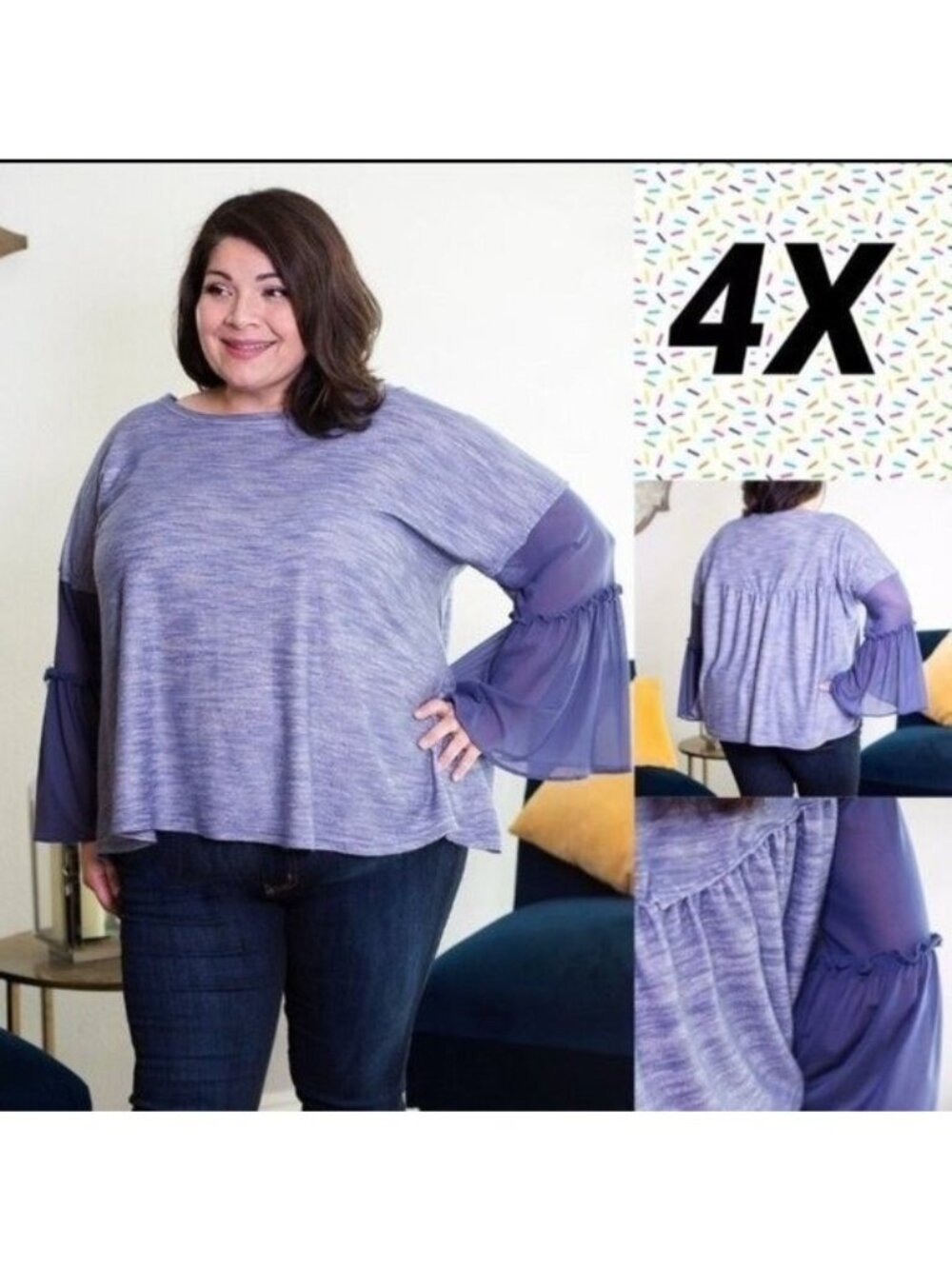 Plus Size 4X Purple Long Sleeve Top With Sheer Bell Sleeves